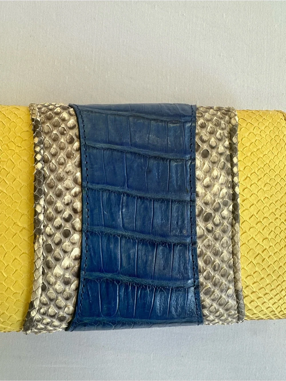 Khirma Eliazov Yellow & Blue Python, Crocodile  Clutch w/detachable metal strap